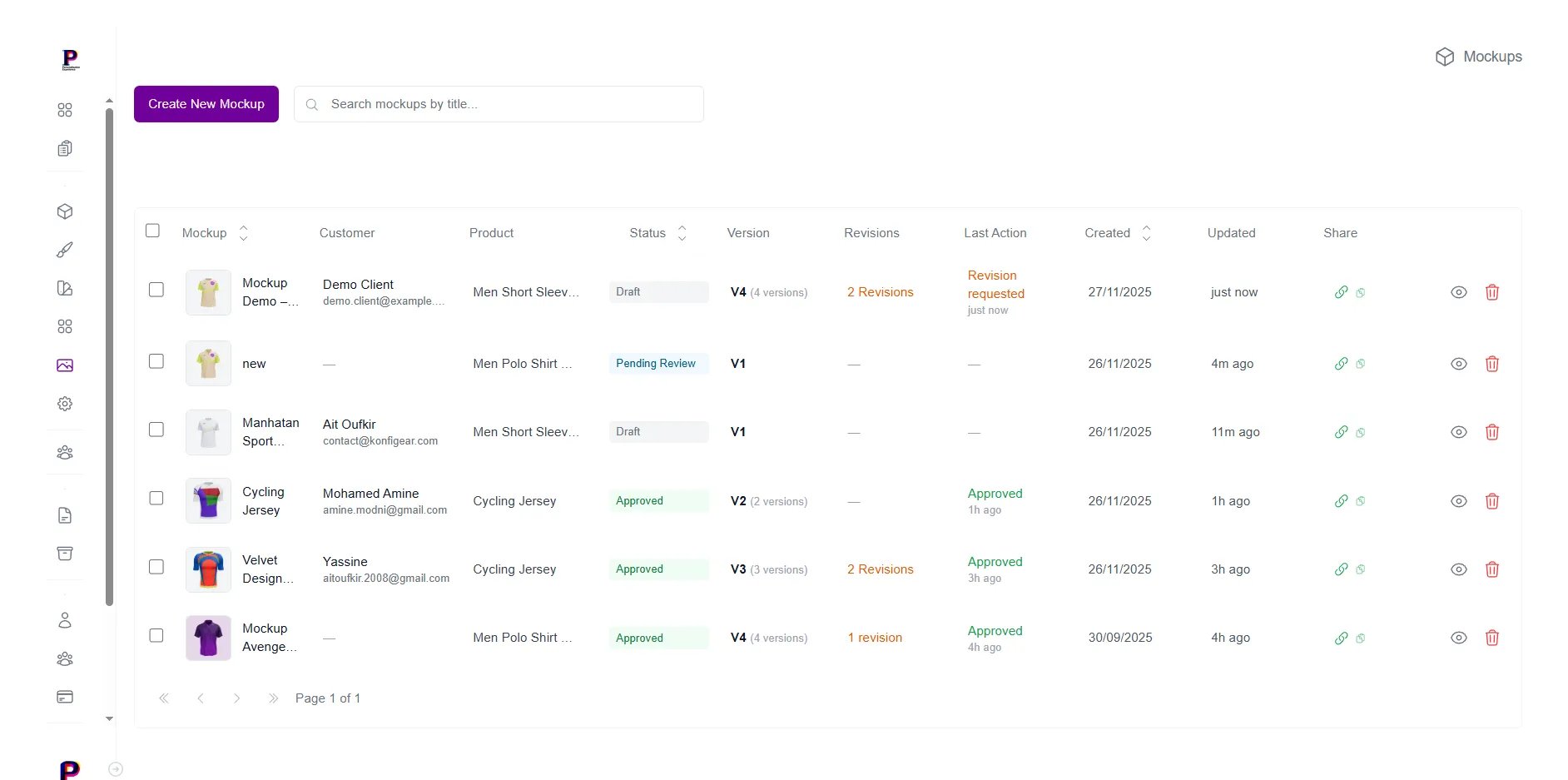 Mockup table list view with status and revision tracking